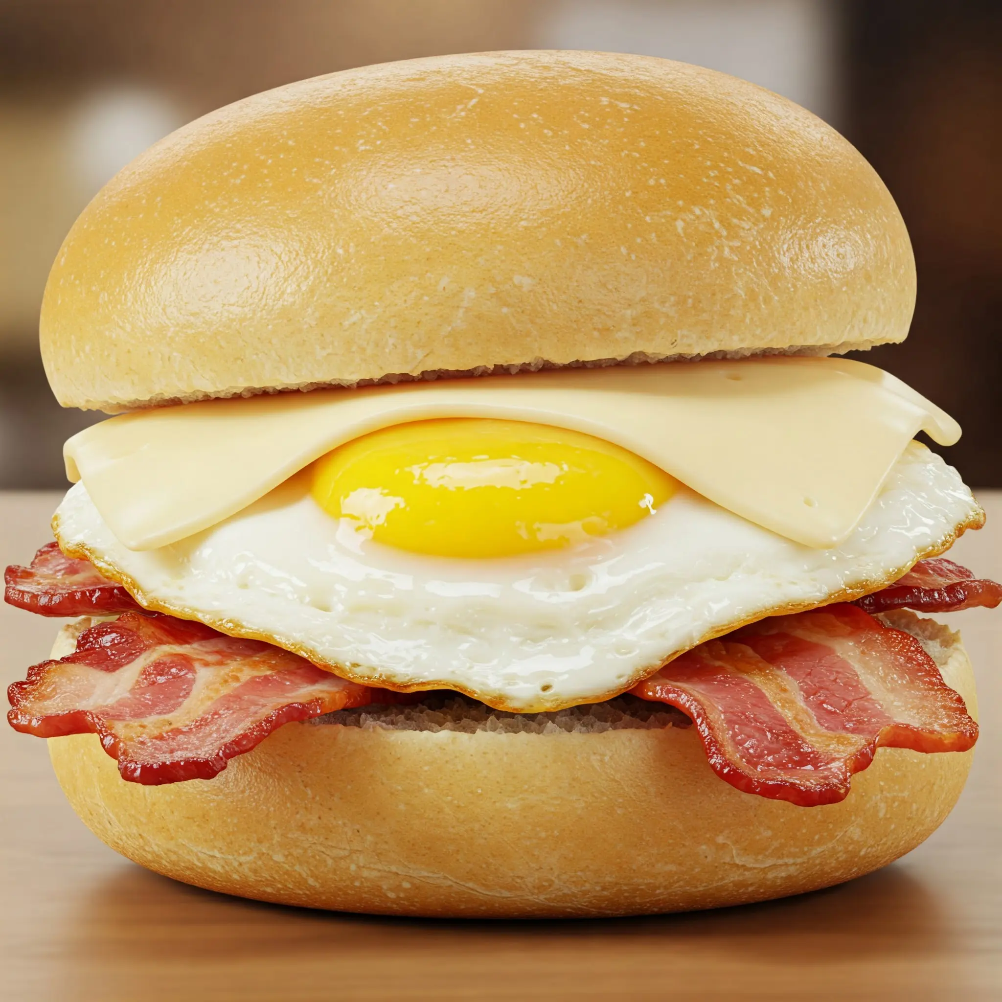 Bacon, egg, and cheese sandwich on bun.