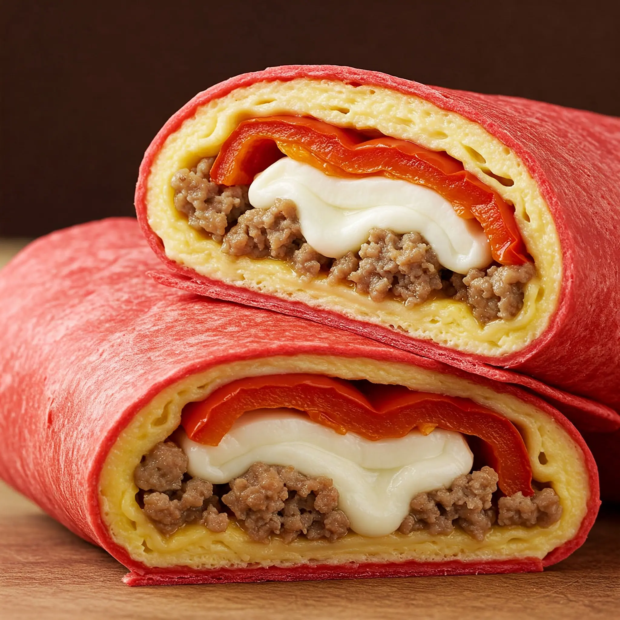 Red tortilla wrap with meat and cheese.