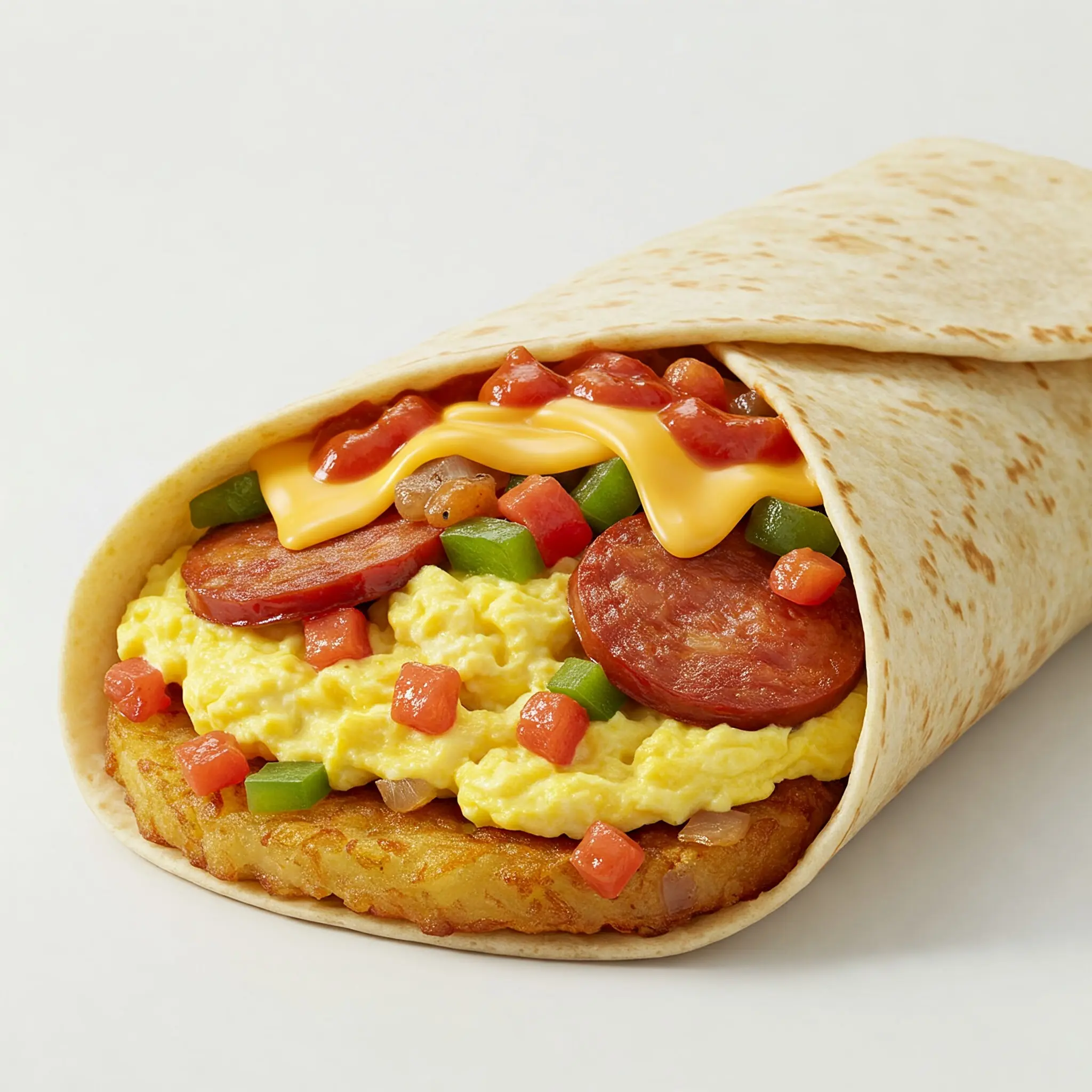 Breakfast wrap with eggs, sausage, cheese.