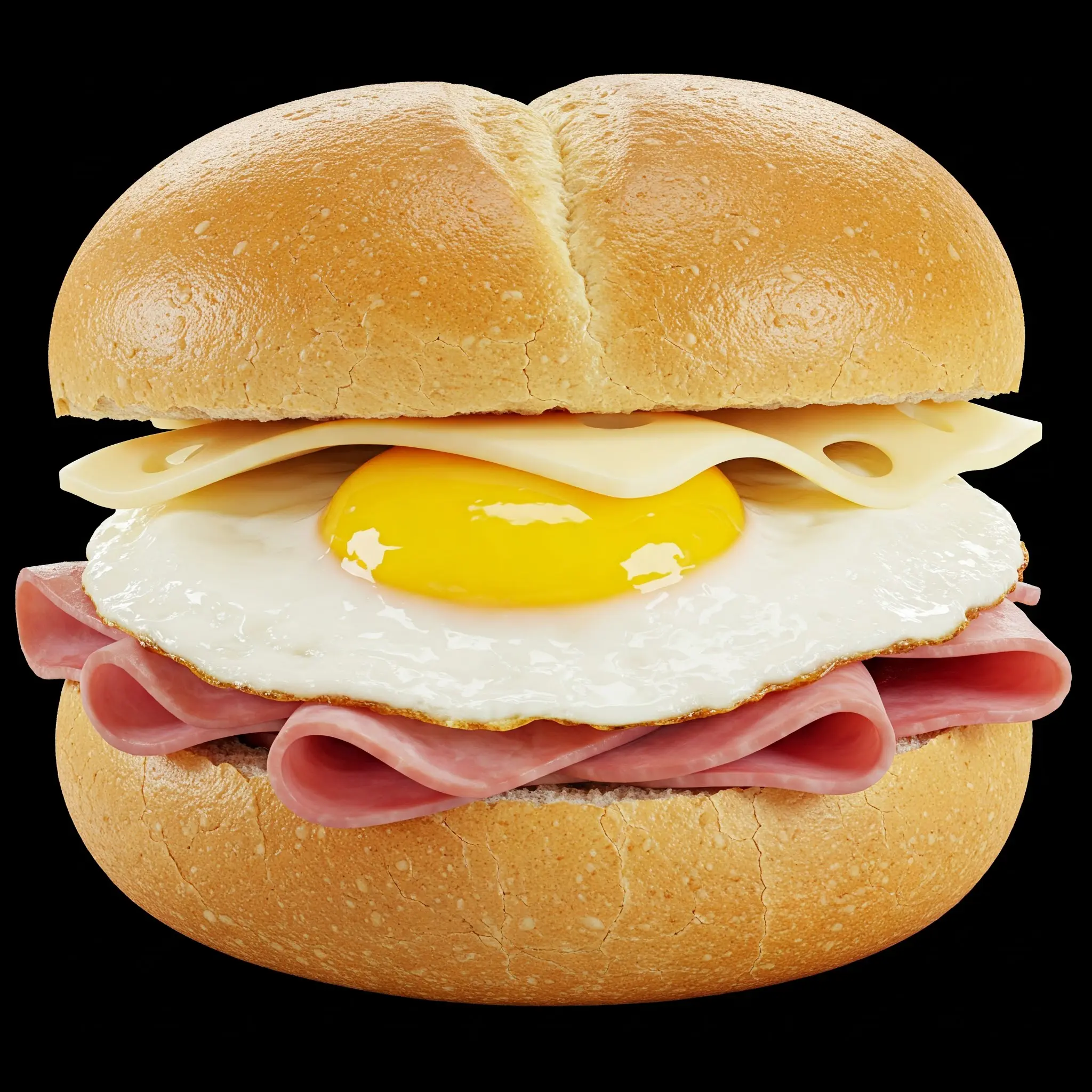 Ham, egg, and cheese sandwich on bun.