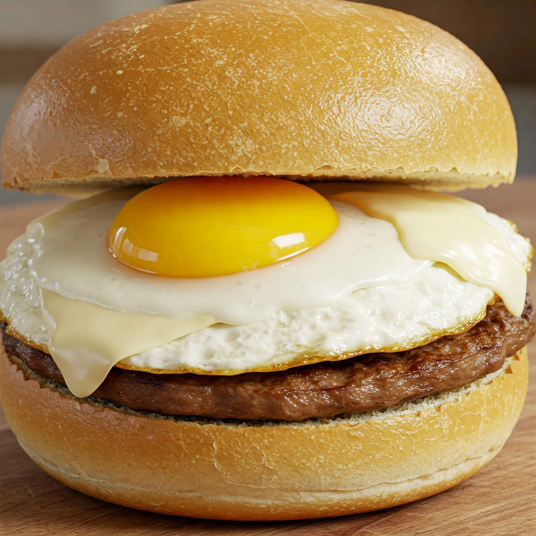 Burger with egg and cheese on bun.