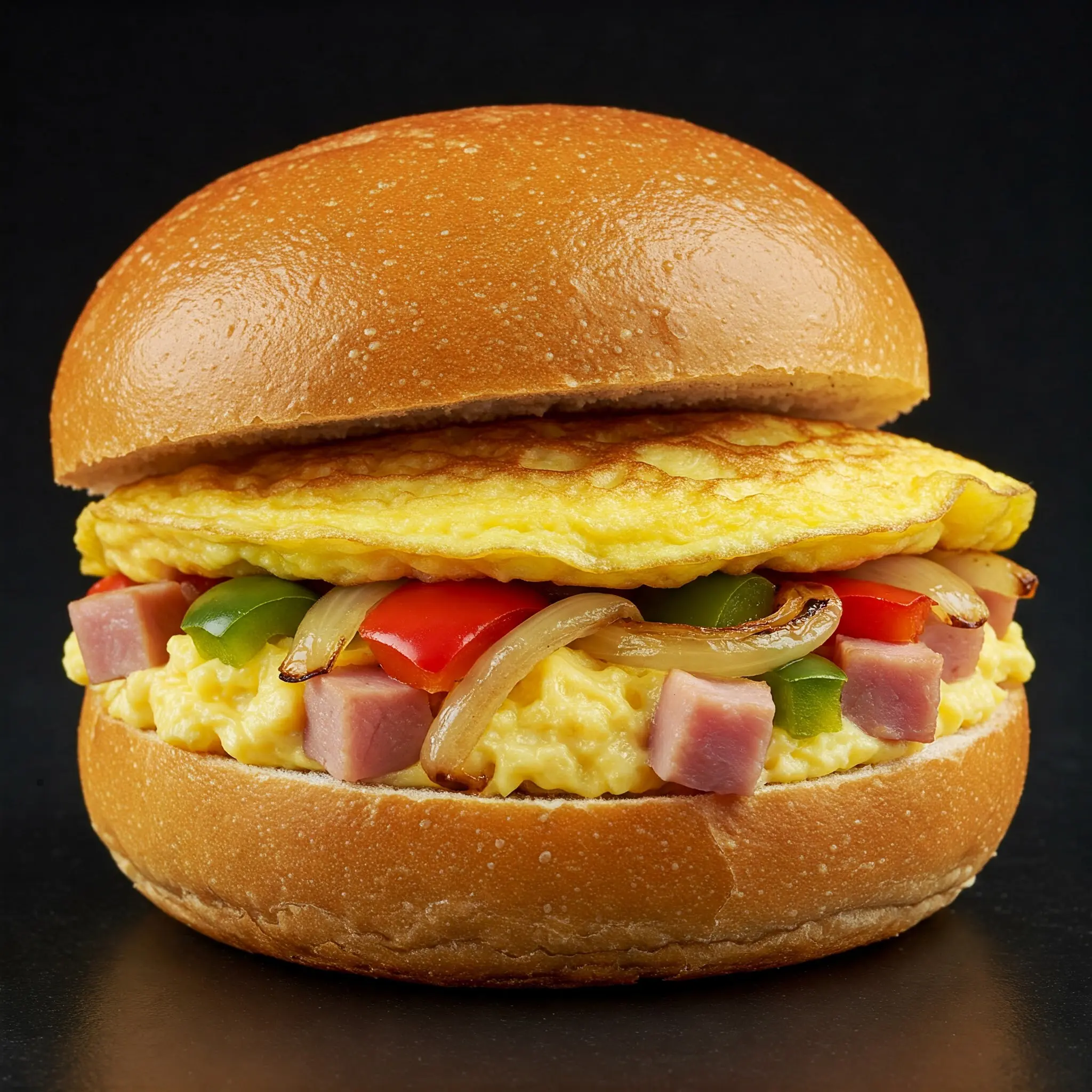Omelette sandwich with ham and vegetables.