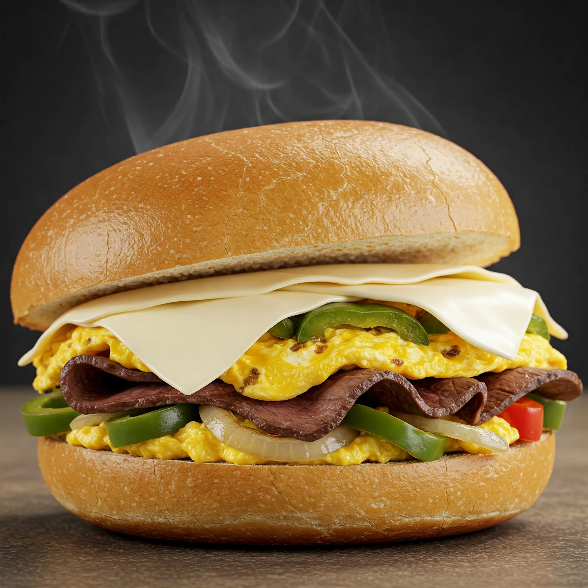 Hearty sandwich with meat, cheese, and vegetables.