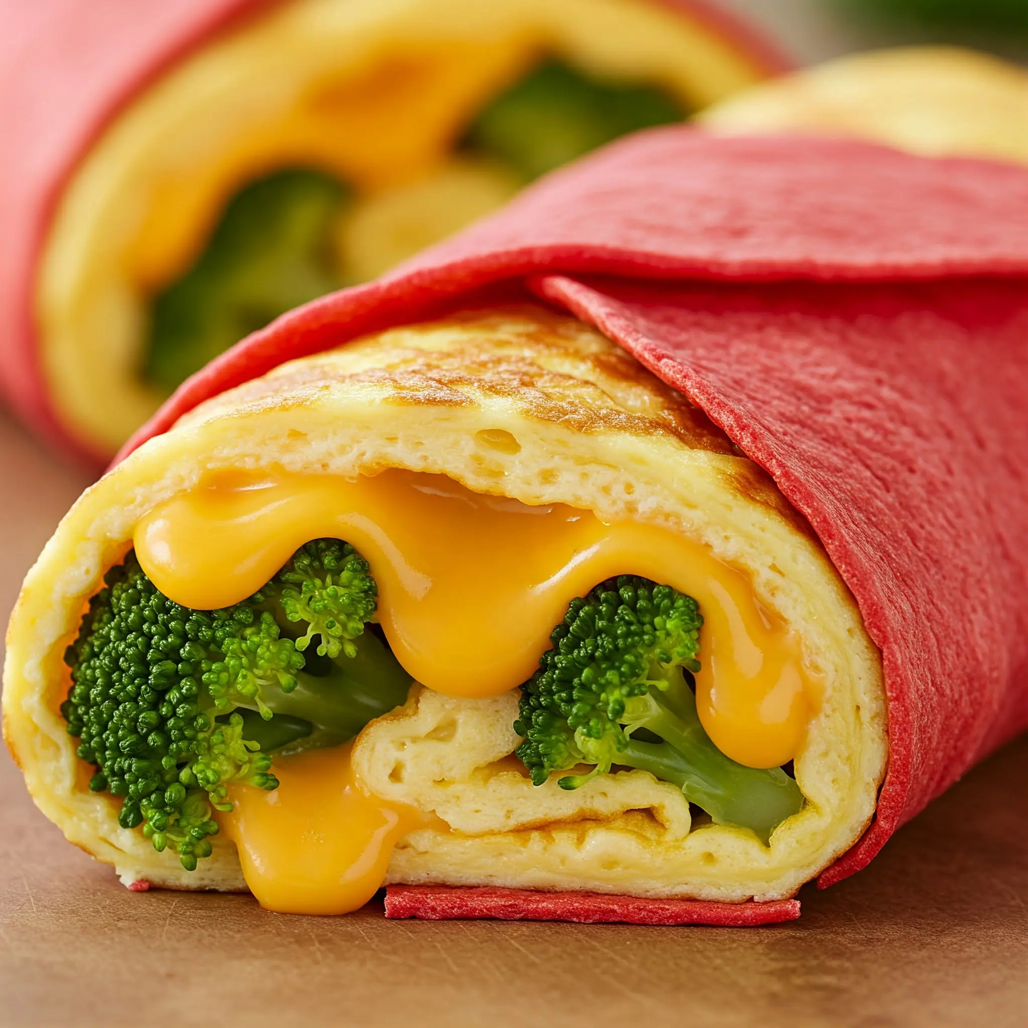 Broccoli and cheese wrap with red tortilla.
