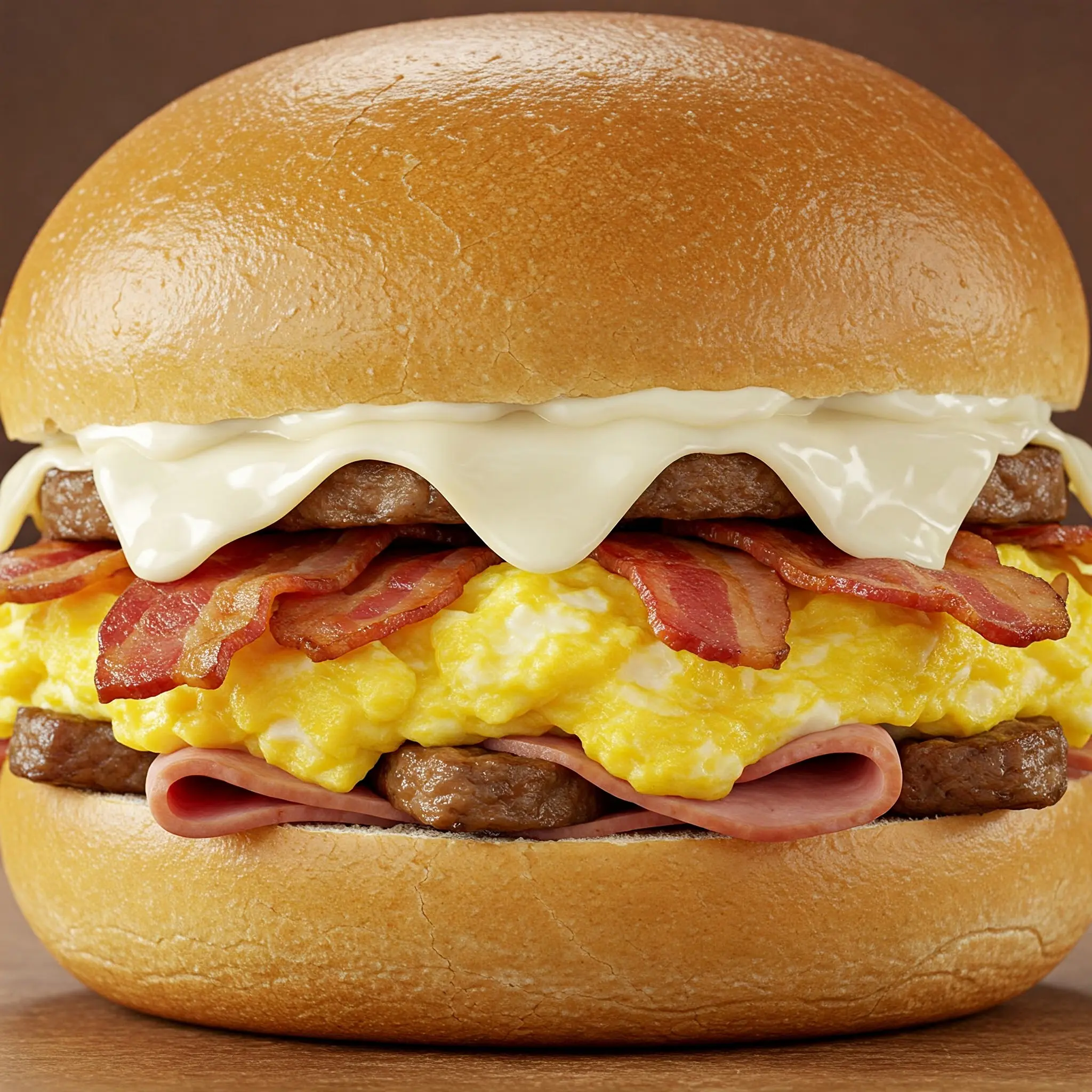 Breakfast sandwich with bacon, eggs, and sausage.