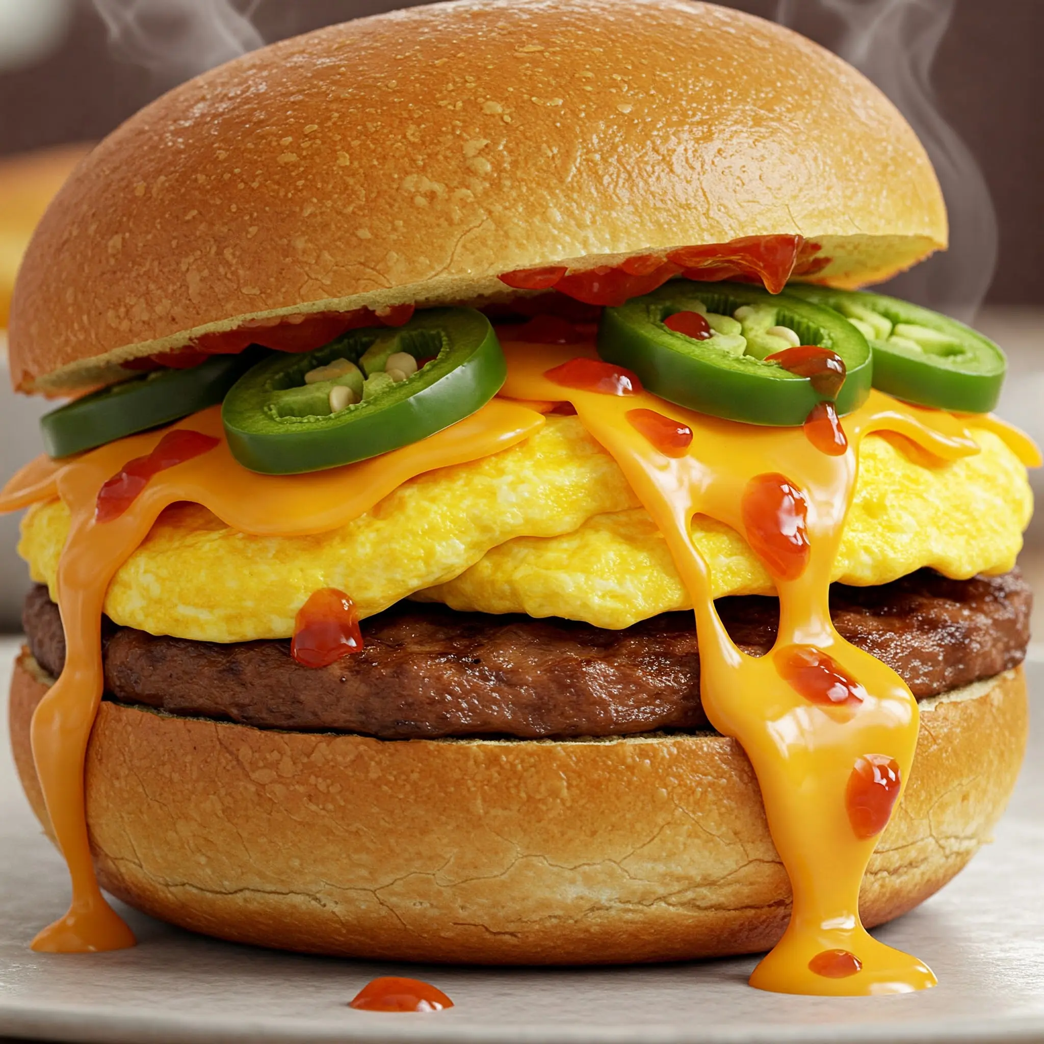 Spicy breakfast burger with cheese and jalapeños.