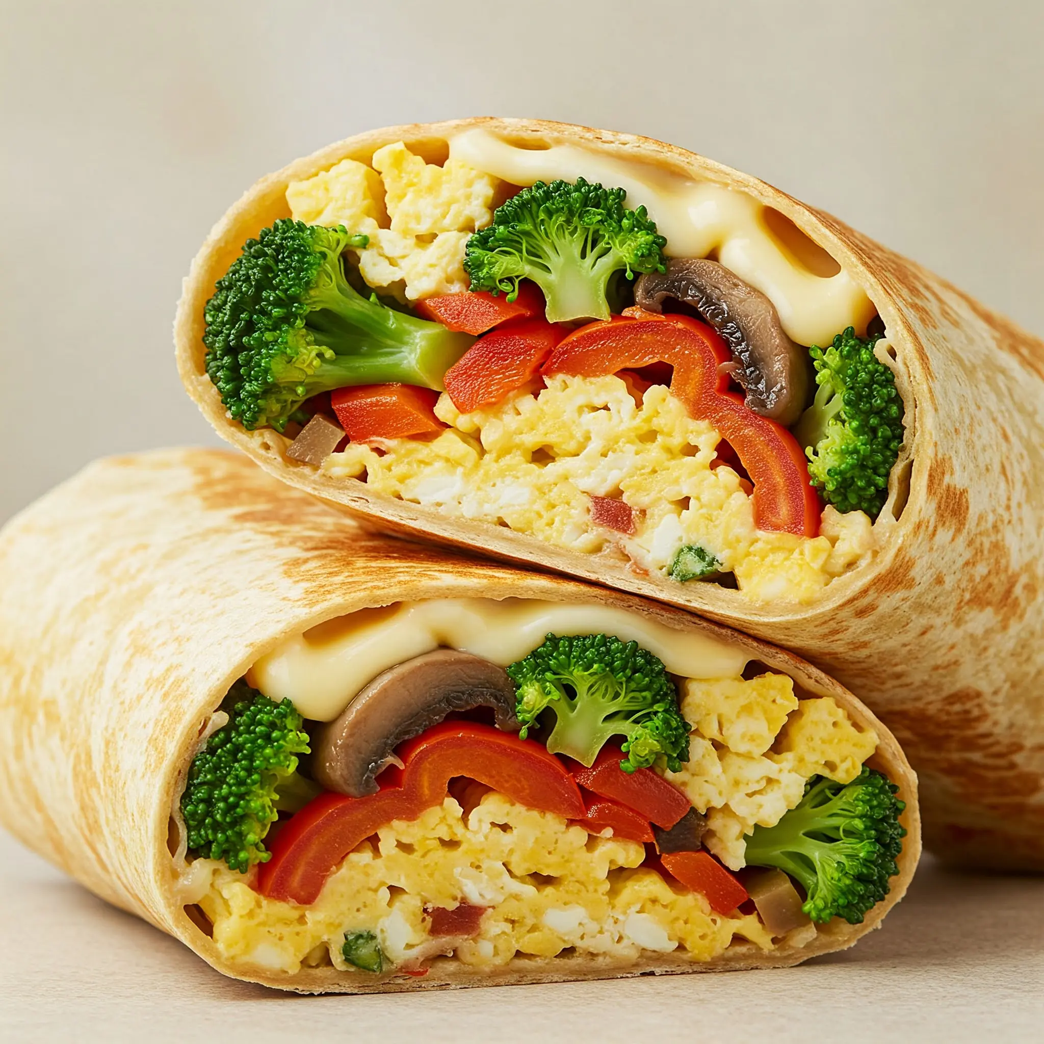 Vegetable and egg wrap cut in half.