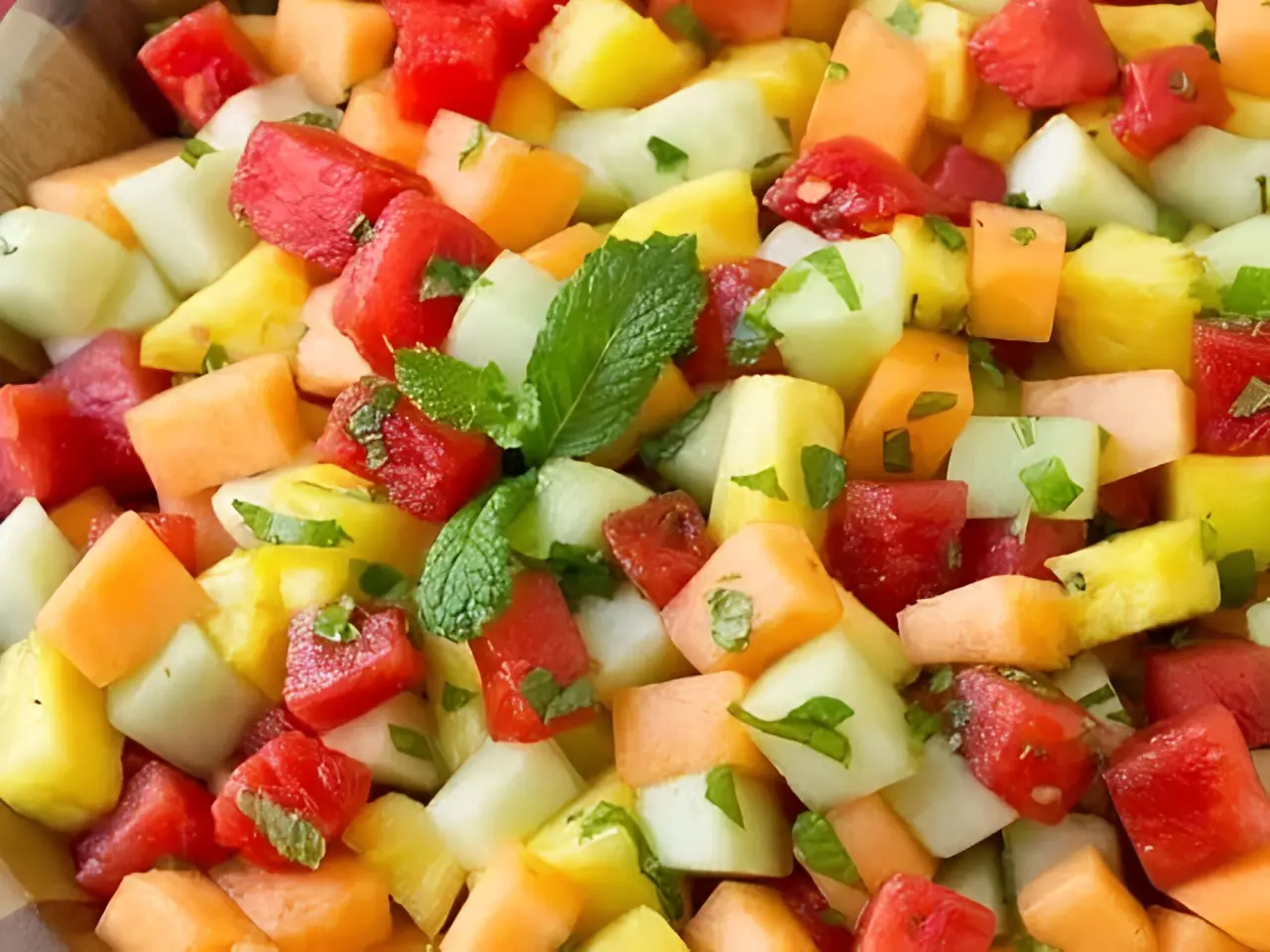 Colorful fruit salad with mint garnish.
