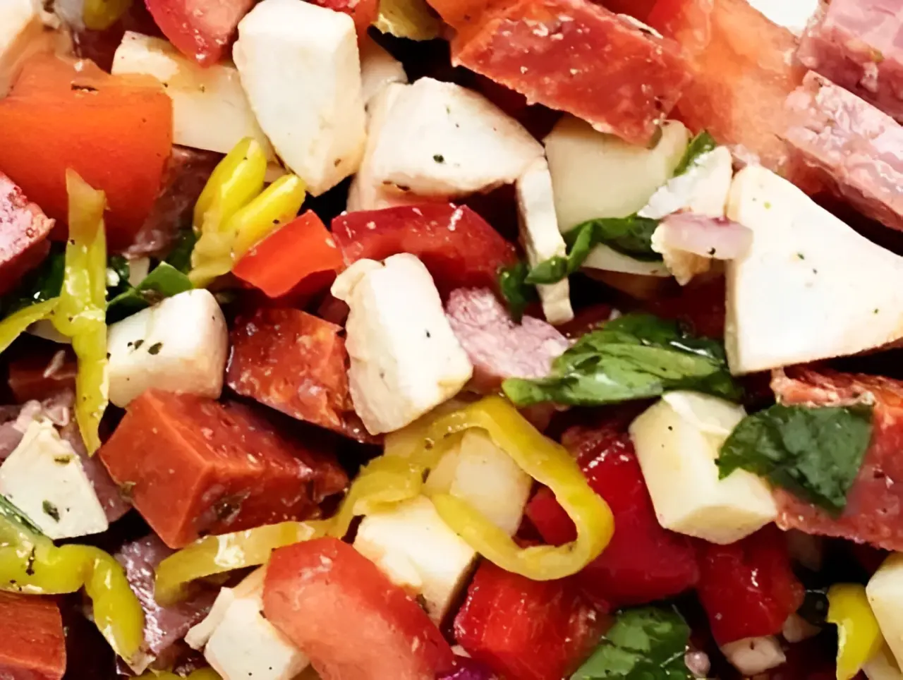 Colorful chopped salad with cheese and vegetables.