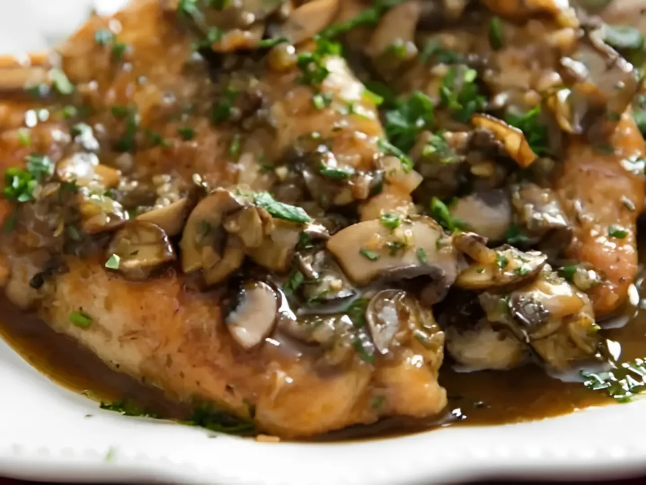 Chicken marsala with mushrooms and parsley.
