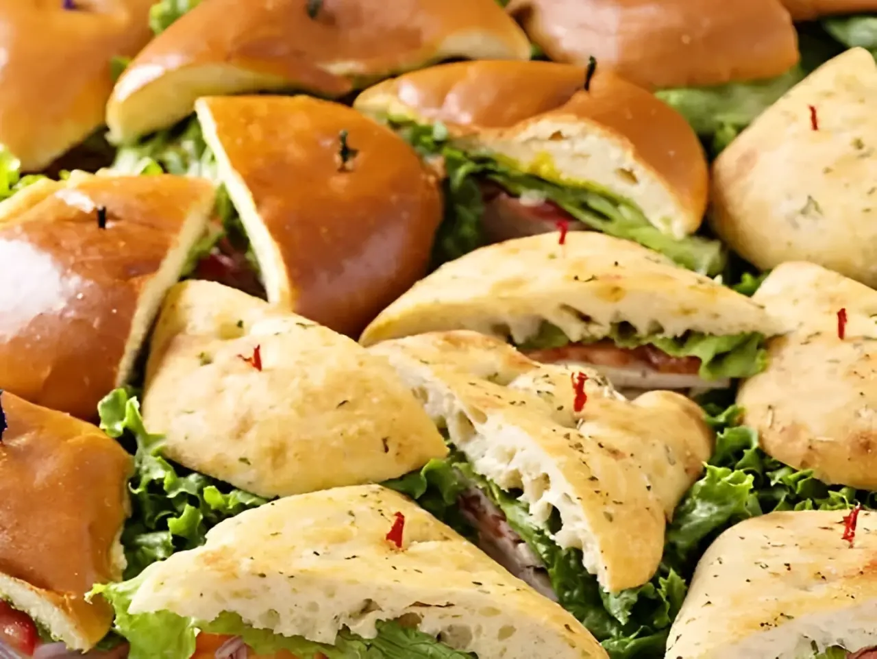 Assorted sandwiches with lettuce and toothpicks.
